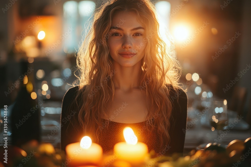 Woman at a dinner table, lit by candlelight Woman at a dinner table, lit by candlelight