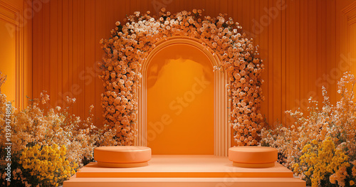 Elegant Orange Floral Archway with Display Platforms
