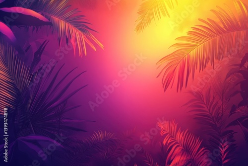 Tropical leaves against a vibrant gradient of pink purple yellow