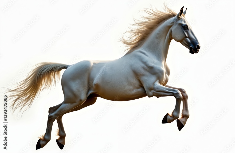 White horse mustang stallion jumping and running on transparent background. Graceful action animal power movement. Perfect for t-shirt design print, equine, equestrianism concepts. White horse mustang stallion jumping and running on transparent background. Graceful action animal power movement. Perfect for t-shirt design print, equine, equestrianism concepts.