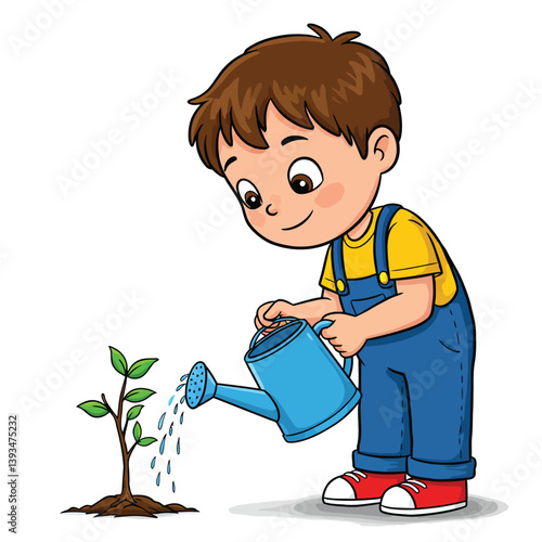 Little Boy Taking Care of Nature with Watering Can