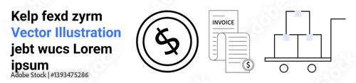 Dollar icon, invoice document, and hand trolley with packages depicting financial flows and logistics. Ideal for accounting, billing, e-commerce, trade, inventory, shipping and abstract line flat