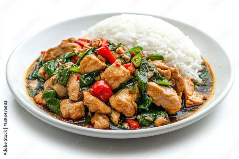 Close up of chicken stir fry with rice on a white ceramic plate Close up of chicken stir fry with rice on a white ceramic plate