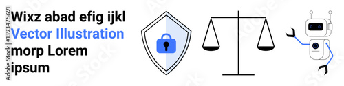 Secure shield with lock, balance scales, and robot with digital components. Ideal for cybersecurity, justice, AI automation, technology, innovation, digital ethics flat landing page banner