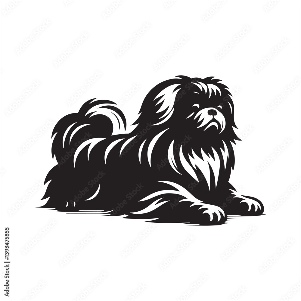 Fototapeta premium Pekingese Dog Vector Silhouette, Charming Small Canine Outline, Loyal Pet Lover Clipart, Adorable Dog Art for Logos, Stickers, Apparel, Digital Prints, Crafts, and Posters.