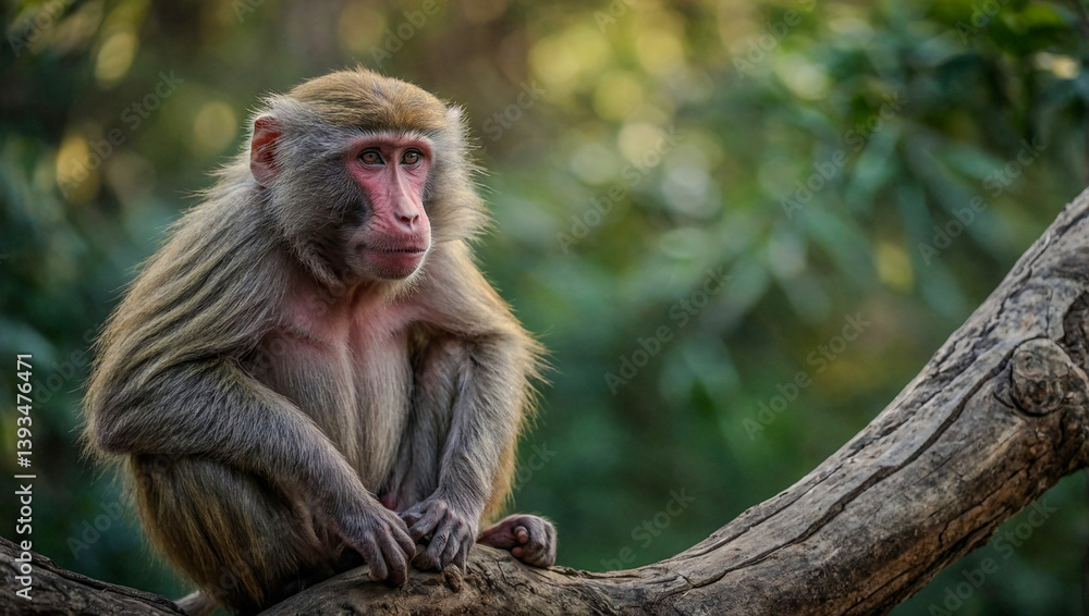 Hamadryas baboon perched on a tree trunk. Hamadryas baboon perched on a tree trunk.