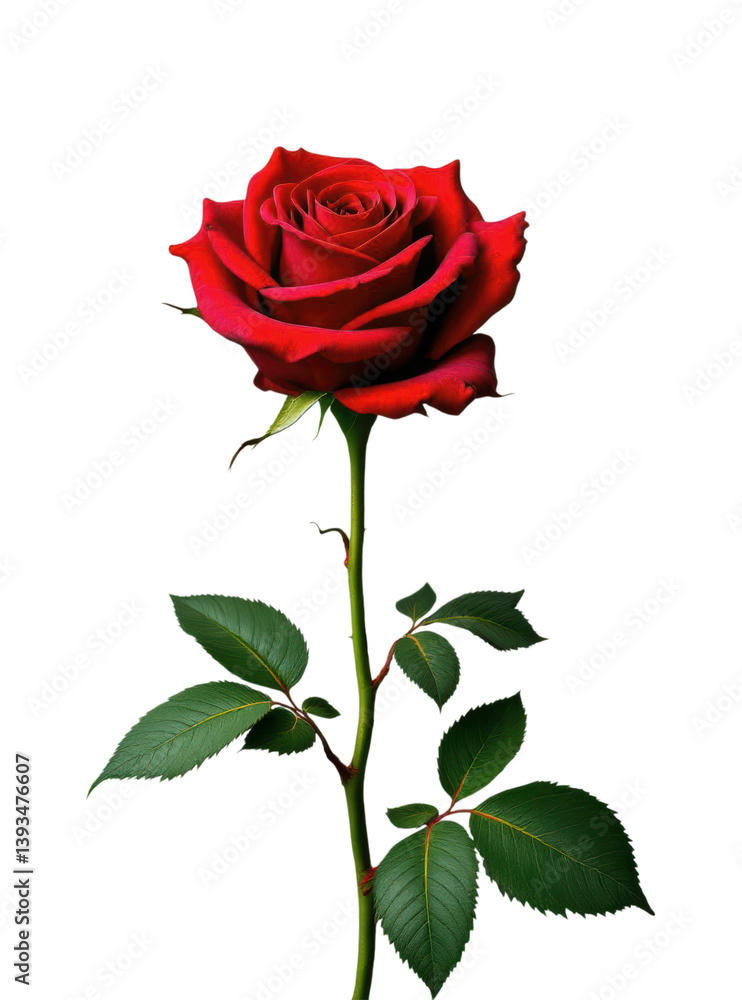 Fototapeta premium Beautiful Single Fresh Red Rose Flower with Green Stem and Leaves in Full Bloom Against Black Background, Isolated on Transparent and White Background