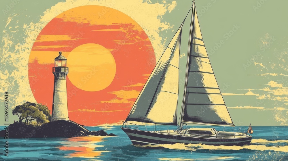Naklejka premium Sailboat sailing near a lighthouse at sunset ocean illustration