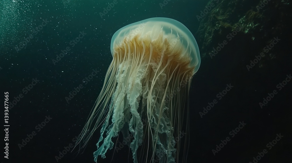 Large, translucent jellyfish in deep water Large, translucent jellyfish in deep water