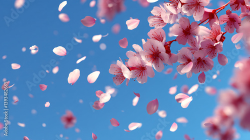 Pink cherry blossom petals drift down like snow against a blue sky, evoking springtime in Japan, set against a white backdrop.  