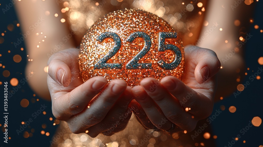 Woman's hands gently hold a glittering golden sphere with the number 225. Woman's hands gently hold a glittering golden sphere with the number 225.