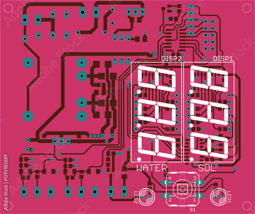 Vector printed circuit board of electronic 
device with components of radio elements, 
conductors and contact pads placed on pcb. Engineering technical educational drawing.
Computer technic cad design