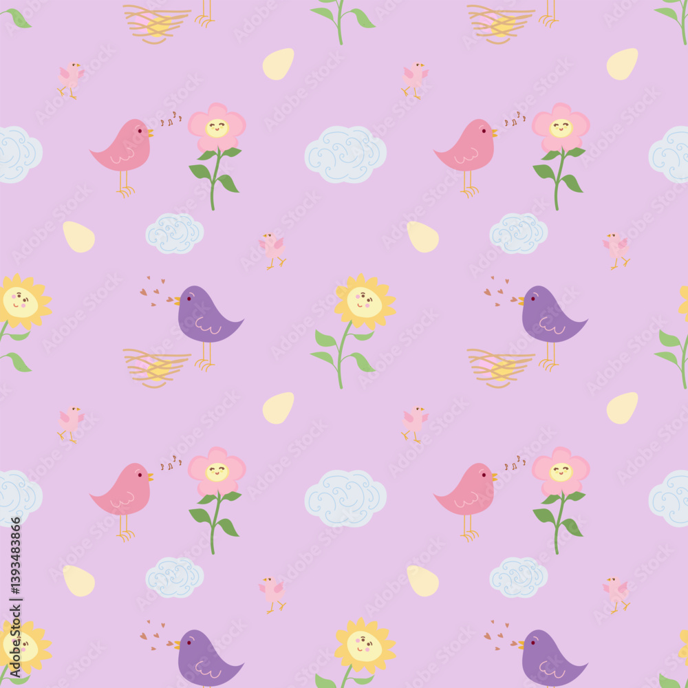 Vector. Seamless pattern with cute cartoon birds, eggs, nest,flowers,clouds on light background. Animal kids print design in flat style. For textiles, clothing, bed linen, office supplies. Vector. Seamless pattern with cute cartoon birds, eggs, nest,flowers,clouds on light background. Animal kids print design in flat style. For textiles, clothing, bed linen, office supplies.