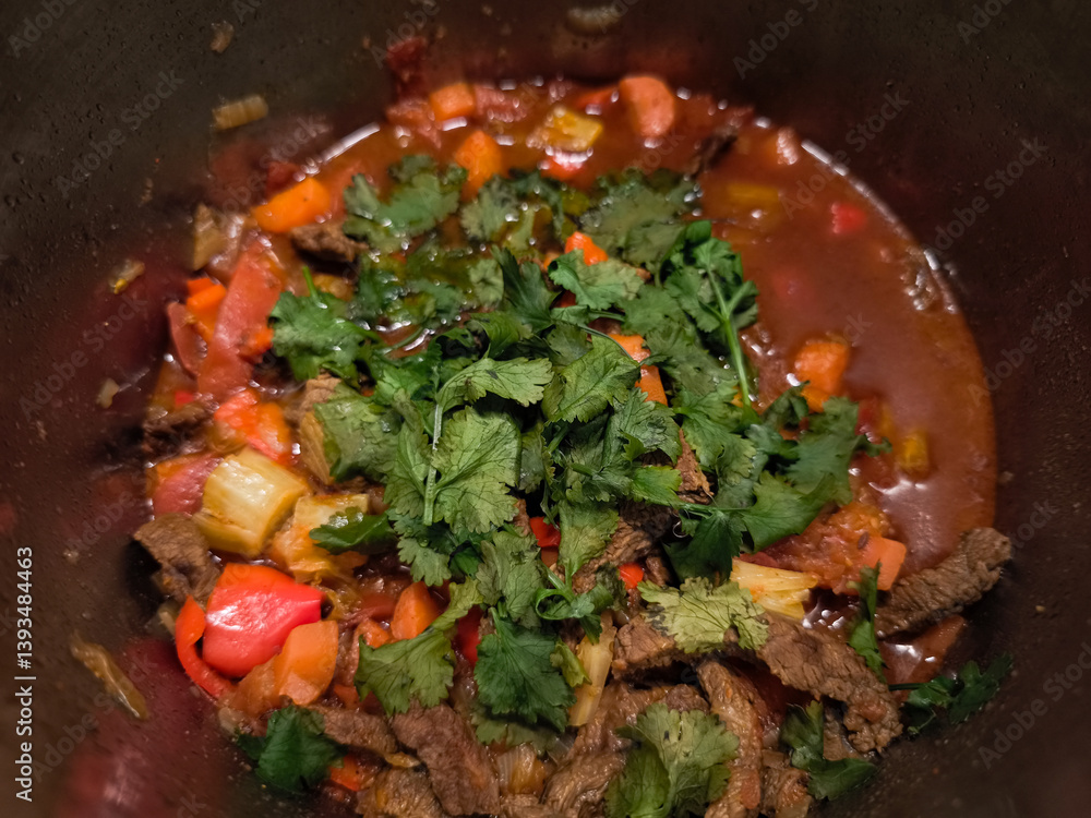 Aromatic beef stew cooking in a pot, featuring tender beef, vibrant vegetables, and a sprinkle of fresh cilantro