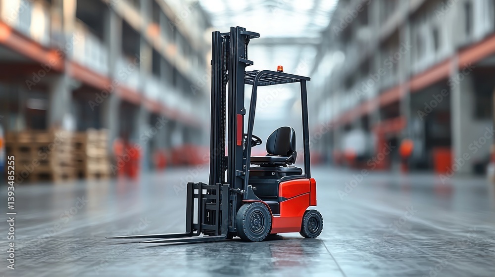 Red forklift in a large warehouse. Red forklift in a large warehouse.