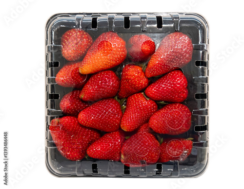 Ripe strawberries in black plastic box with clear lid for supermarket sale, isolated
