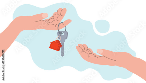 Rent or buying a house. Real estate concept. Realtor hands over house key, successful investment concept. Inherit a house. Inheritance concept. Flat style illustration.