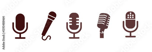 Microphone icon set. Different microphone collection. Podcast mike, journalist microphone, conference. 