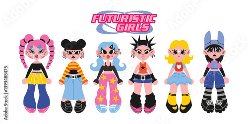 Retro cartoon characters in Y2K style. Cyber girls with stars for 90s-inspired design. Collection of funky futuristic vector mascots and object