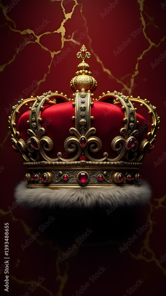 Gold vine crown with rubies on red marble. Crimson satin & sable fur shine in dramatic 12K imperial lighting. Gold vine crown with rubies on red marble. Crimson satin & sable fur shine in dramatic 12K imperial lighting.