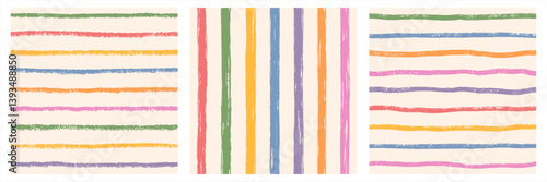 Colorful rainbow textured hand drawn uneven stripes seamless vector patterns collection. Grungy streaks, bars, lines backgrounds set. Brush chalk charcoal crayon drawn, rough edge. Striped templates.