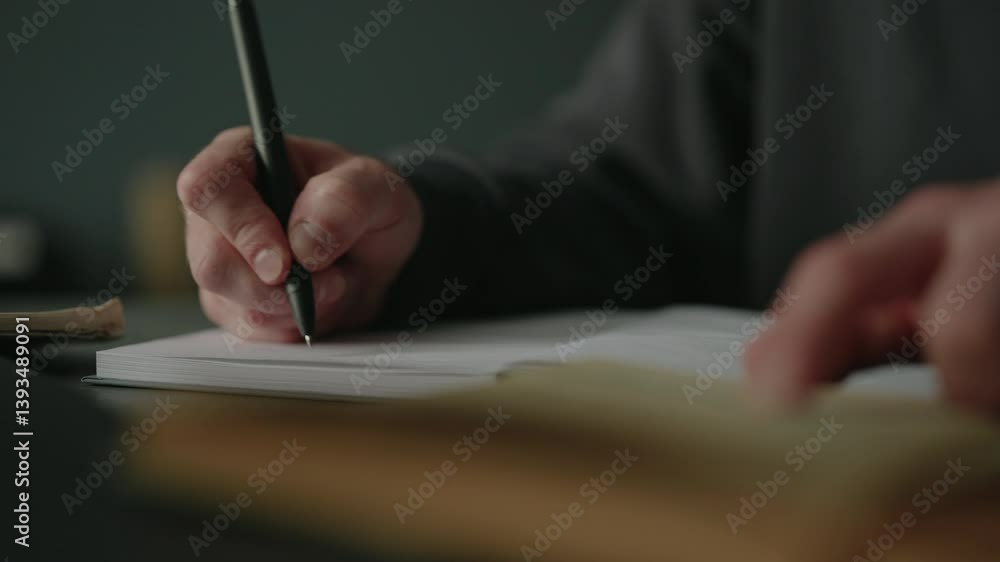 Student hands writing notes with pen in notebook while studying from textbook at home, focused on learning and education, sitting at desk in library with dark interior, close-up, slow motion.