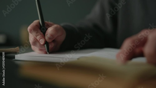 Student hands writing notes with pen in notebook while studying from textbook at home, focused on learning and education, sitting at desk in library with dark interior, close-up, slow motion.