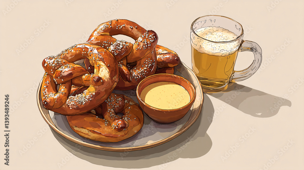 Soft pretzels made at home, served with a beer-flavored cheese sauce. Soft pretzels made at home, served with a beer-flavored cheese sauce.