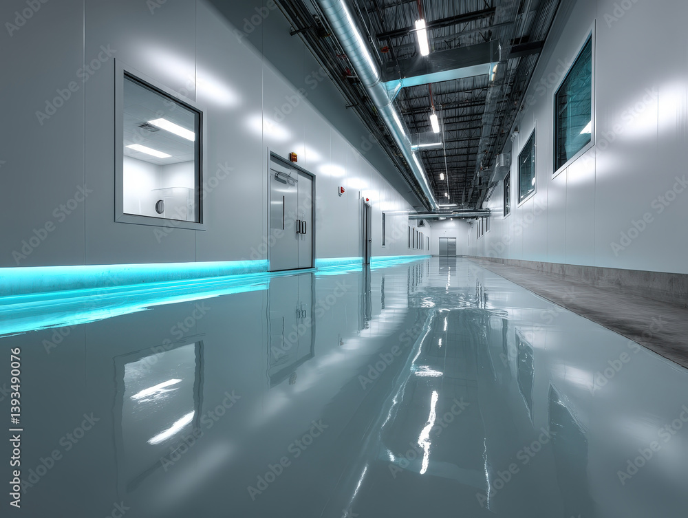 Obraz premium Wide-angle view of a modern industrial corridor with doors and windows. The floor reflects blue ambient lighting from panels along the walls. Overhead, exposed ducts and lights