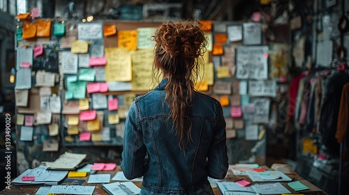 Visionary's Workspace: A determined individual gazes intently at a board laden with notes and ideas, suggesting a place of innovation, strategy, and inspiration.