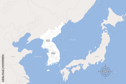 Wallpaper Mural 2.KOREAN PENINSULA. A map of the Korean Peninsula showing the border between North and South Korea on a white background in Northeast Asia.
 Torontodigital.ca