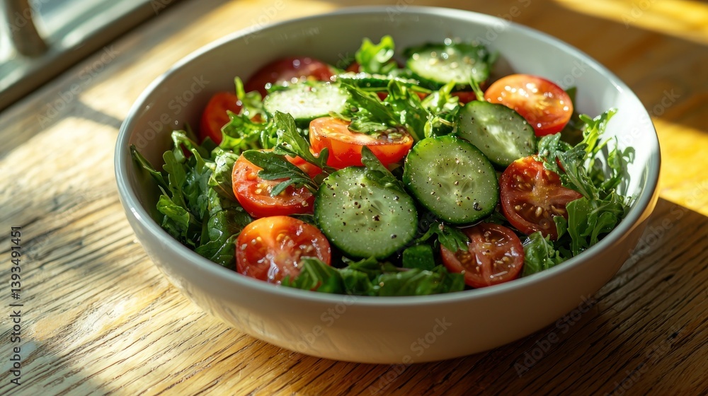 Bowl of fresh salad with tomatoes, cucumbers and arugula on wooden surface Bowl of fresh salad with tomatoes, cucumbers and arugula on wooden surface
