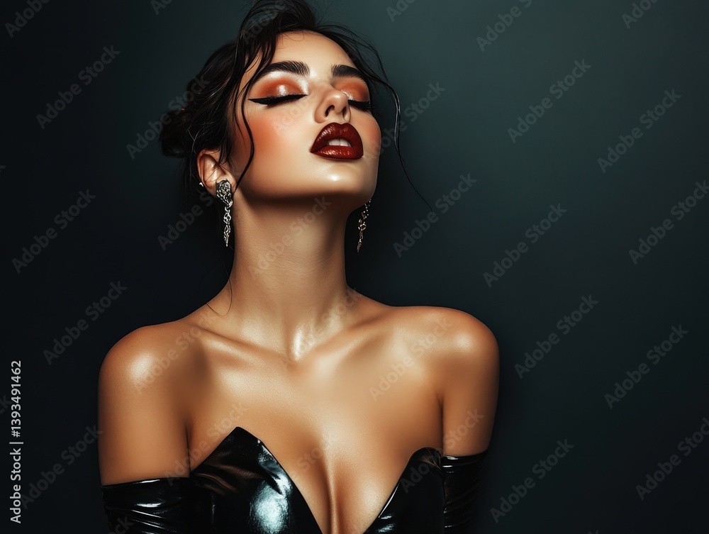 Fototapeta premium Elegant woman with dark hair in a glossy black strapless dress, wearing sparkling earrings. Her eyes are dramatically lined with eyeliner, and she has bold red lipstick
