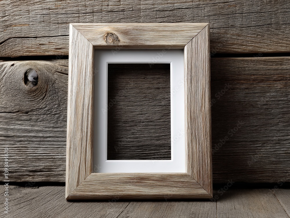 Fototapeta premium Wooden frame with a textured finish and plain white border set against weathered wooden planks with visible knots and grain patterns. No text present