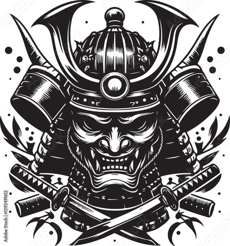 Samurai helmet with oni mask black and white vector