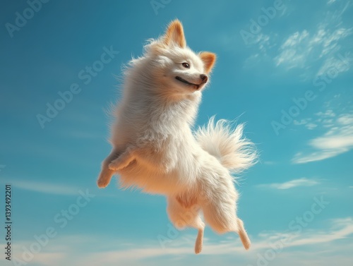 Fluffy white dog joyfully l...