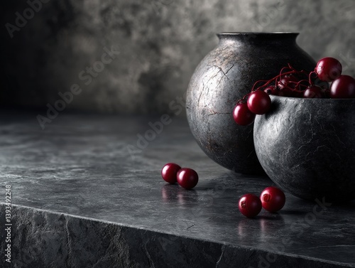 Two rustic stone bowls fill...