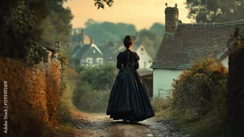 Victorian girl in long dress walking toward quiet countryside village at dawn
