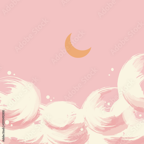Pink Night Sky with Crescent Moon Above Clouds