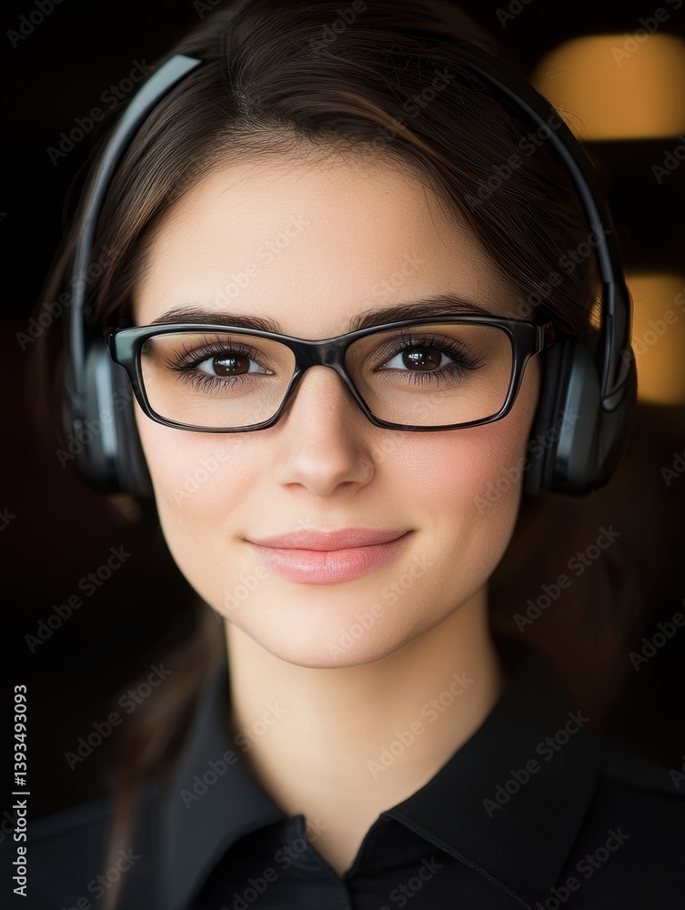 A young woman with glasses and a headset smiles warmly, ideal for use in customer service, tech support, or training materials to convey professionalism and approachability, A young woman with glasses and a headset smiles warmly, ideal for use in customer service, tech support, or training materials to convey professionalism and approachability,