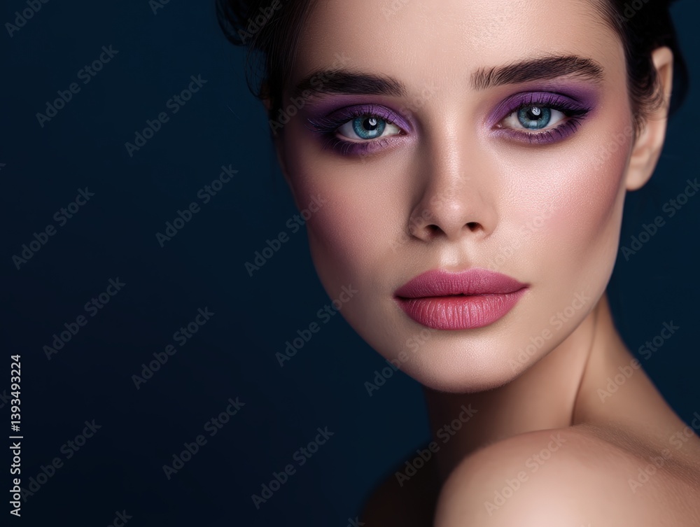 Elegant portrait of a person with striking blue eyes, purple eyeshadow, soft pink lips, and smooth skin. The lighting accentuates the makeup and facial features Elegant portrait of a person with striking blue eyes, purple eyeshadow, soft pink lips, and smooth skin. The lighting accentuates the makeup and facial features