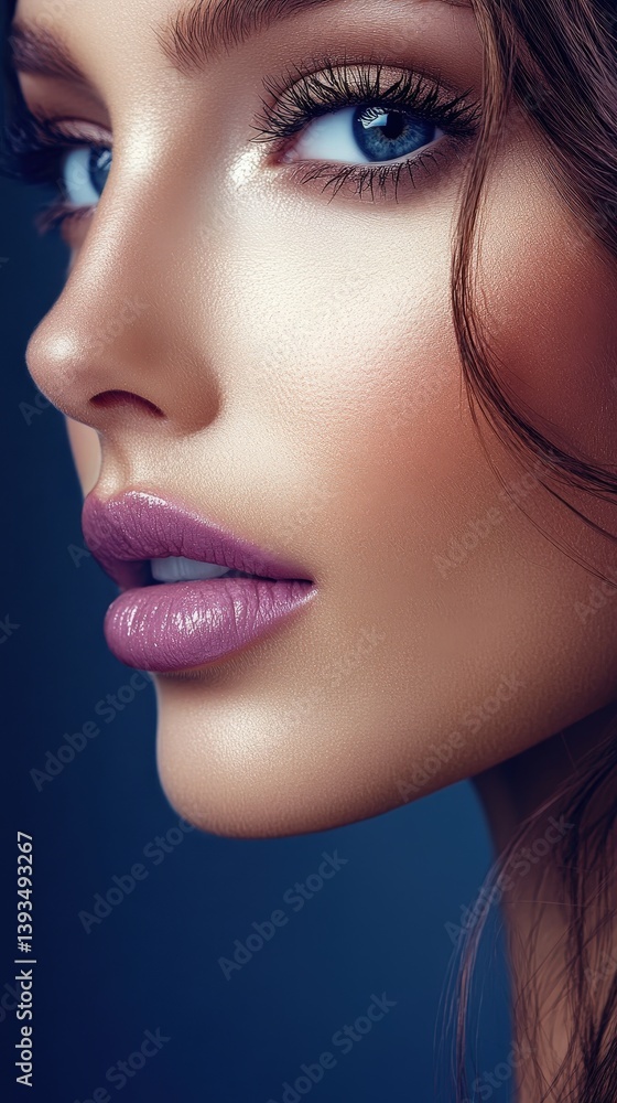 Close-up side profile of a woman with flawless skin and glossy pink lips. Her eye, framed by thick lashes, reflects a soft light. Hair strands subtly outline her face Close-up side profile of a woman with flawless skin and glossy pink lips. Her eye, framed by thick lashes, reflects a soft light. Hair strands subtly outline her face