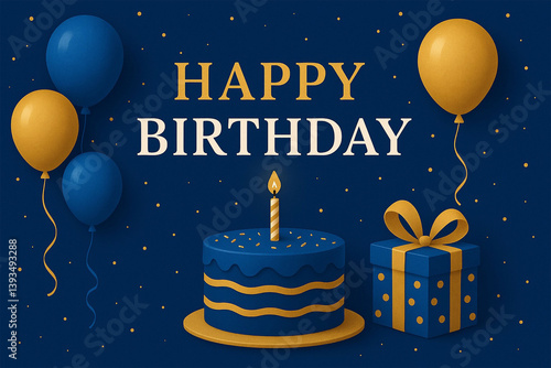 Colorful decorations for a birthday celebration featuring a cake with a candle, balloons, and a gift box set against a dark background.