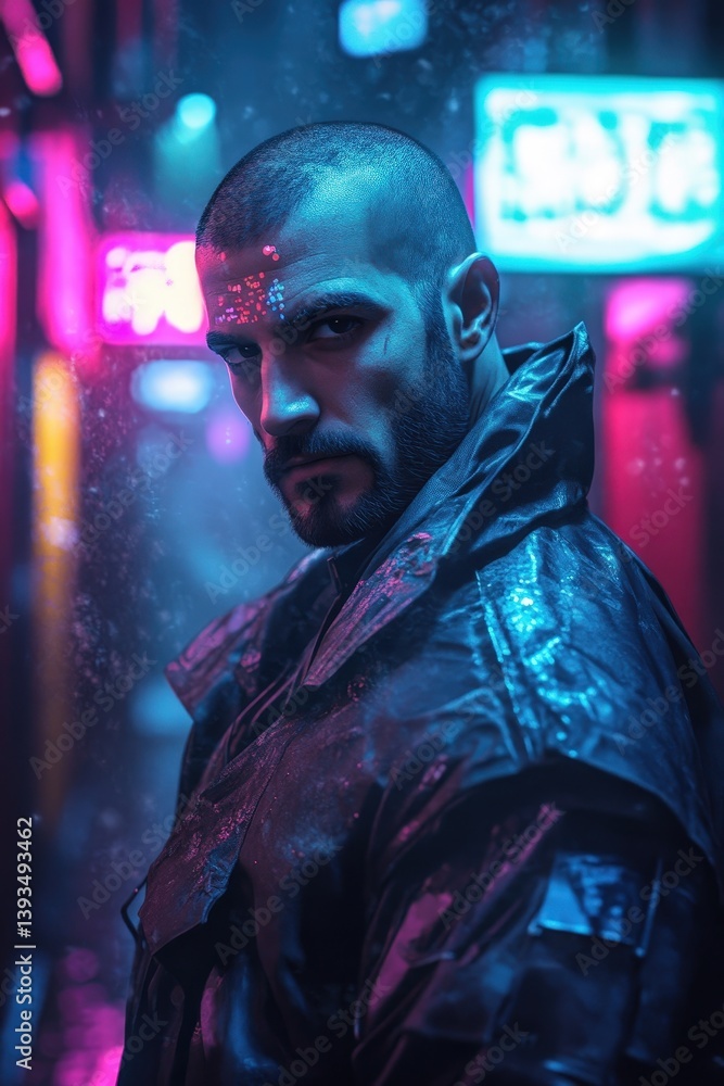 Moody scene featuring a man in a leather jacket under neon lights with intense expression. Blue and pink hues cast reflections on his face. Blurred signs create a futuristic vibe Moody scene featuring a man in a leather jacket under neon lights with intense expression. Blue and pink hues cast reflections on his face. Blurred signs create a futuristic vibe