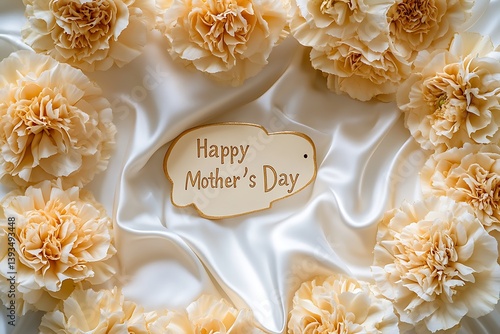 A luxurious display of gold and cream carnations around a "Happy Mother's Day" paper tag on a white satin background, exuding elegance.