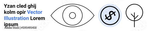 Minimalist eye, circular dollar sign, and abstract tree icon emphasize vision, sustainability, and financial growth. Ideal for innovation, environment, finance, branding technology clarity simple