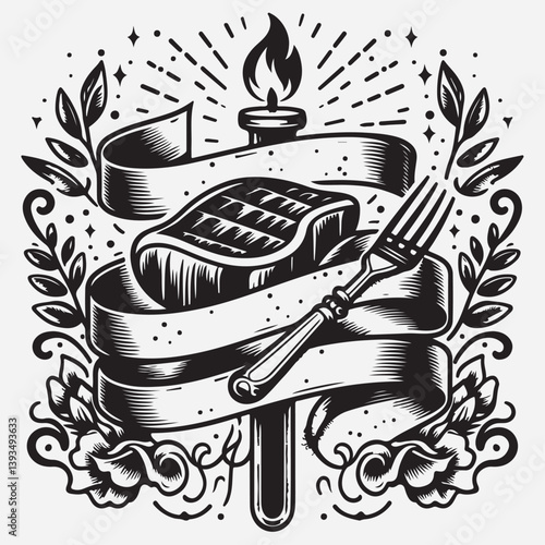 Scroll banner with black line work tattoo style steak and fork stock illustration
