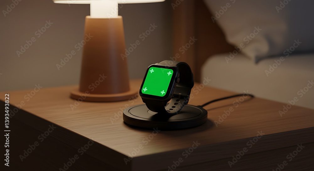Smartwatch charging wirelessly at night, illuminated by a bedside lamp Smartwatch charging wirelessly at night, illuminated by a bedside lamp