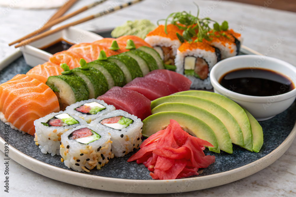Assorted Sushi Plate with Tuna, Salmon, Avocado, and Wasabi Assorted Sushi Plate with Tuna, Salmon, Avocado, and Wasabi