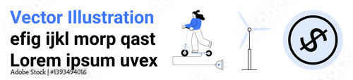 Woman on electric scooter promoting eco-friendly transport, near wind turbine, highlighting sustainable energy and finance. Ideal for green energy, urban mobility, sustainability, eco-lifestyle